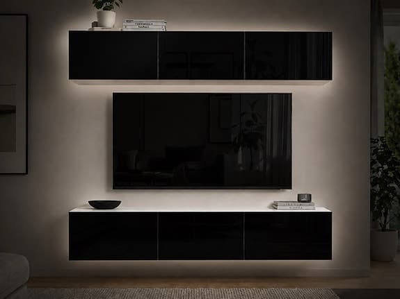 IKEA BESTÅ TV-bänk + vägghylla med rökfärgade glasluckor