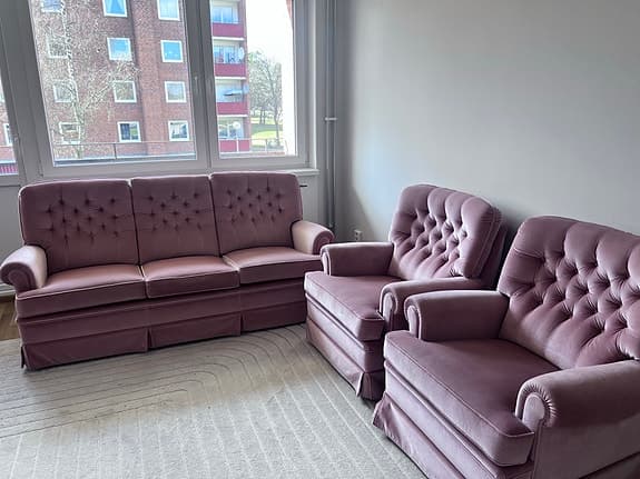 IKEA  soffgrupp 3-sits soffa + 2 fåtöljer rosa sammet