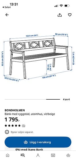 IKEA BONDHOLMEN bänk med ryggstöd utomhus grå