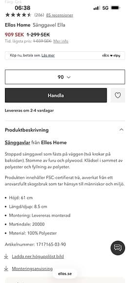 Ellos sänggavel 90 cm grå sammet