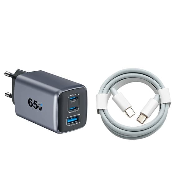 Snabbladdare GaN 65 w(USB-C) + 1m USB-C till C kabel | Ny