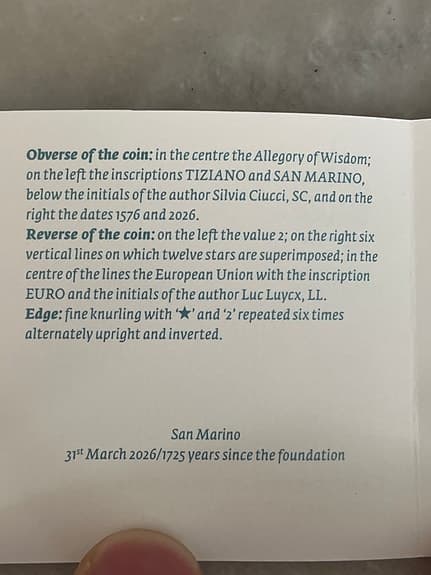 San Marino 2 euro minnesmynt 2016 med ask