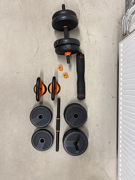 Hantelset 6-i-1 med skivstång, kettlebells & push-up-stativ för hemgym
