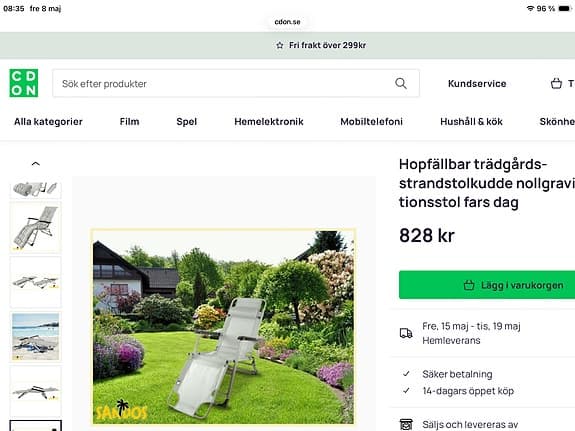 Hopfällbar solsäng/strandstol med grå dyna. NY FELKÖP