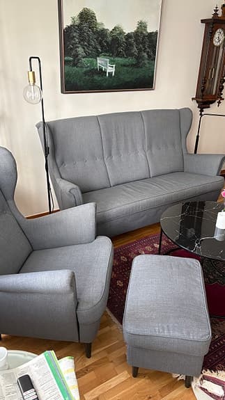 Ikea Strandmon soffa+fåtölj med fotpall