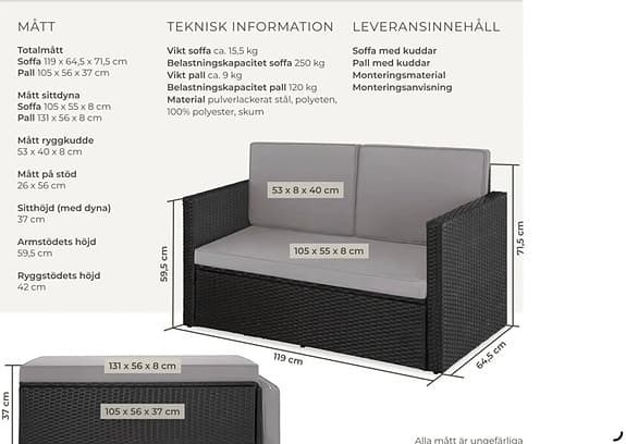 Svart/grå konstrotting loungesoffa med fotdel