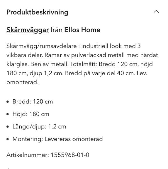 Ellos Home skärmvägg/rumavdelare glas 120x180 cm