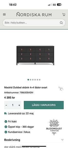 Svart byrå med flera lådor säljes