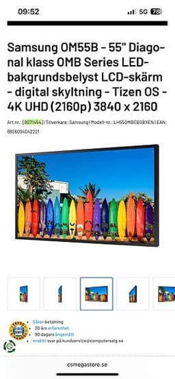 Samsung OM55B 4k digital signage 55” - nyskick (låga lystimmar)