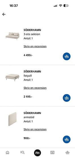 Söderhamn soffa+ armstöd och fotpall