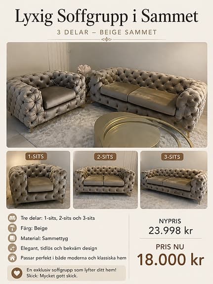Beige sammetssoffgrupp 1-sits, 2-sits och 3-sits
