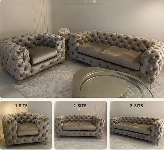 Beige sammetssoffgrupp 1-sits, 2-sits och 3-sits