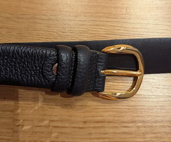 Blue with gold leather belt/skärp, size: 115