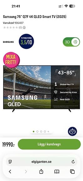 Samsung 75 Tum QLED TV Q7F Nyskick oöppnad