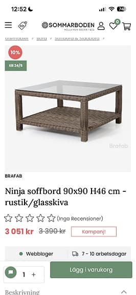 Brafab Ninja soffbord 90x90 cm med glasskiva rotting