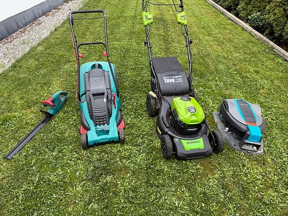 Gardena, Greenworks och Bosch gräsklippare + häcksax paket