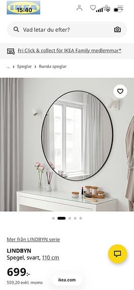 IKEA Lindbyn rund spegel med svart ram
