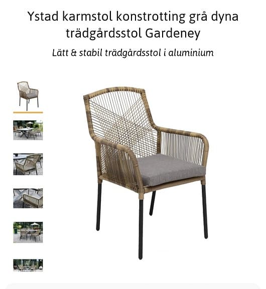 Gardeney Ystad karmstol trädgårdsstol konstrotting grå dyna