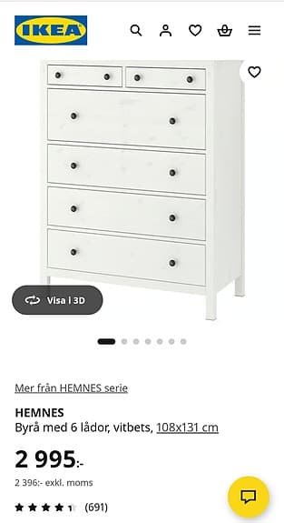 Ikea byrå Hemnes (vit) med 6 lådor