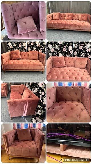 Luxurious Pink Velvet Tufted Sofa Set (3+2+1 Seater) AND Matching TV Table