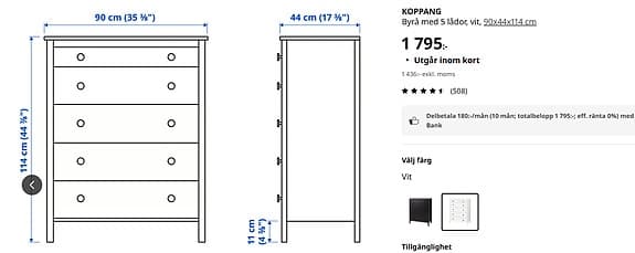 IKEA Koppang byrå med 5 lådor vit