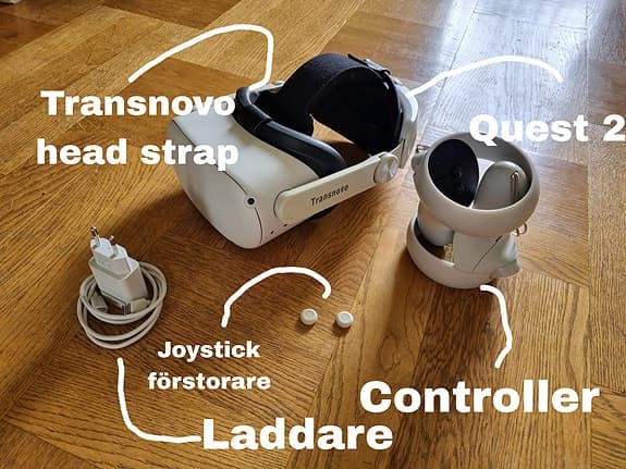 Meta Quest 2 VR-headset med Transnovo huvudrem och kontroller 128 gb