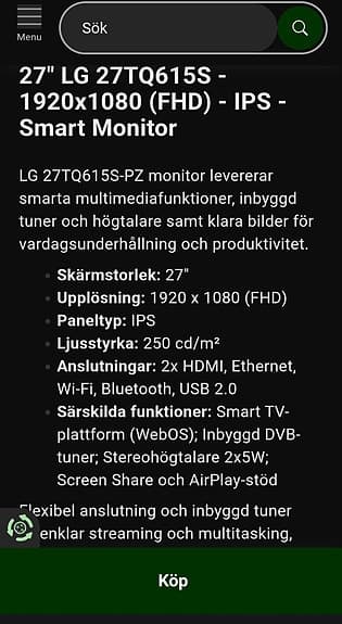 LG smart TV, FHD, 27 tums, IPS panel