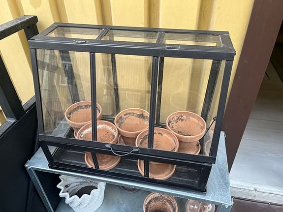 Ikea miniväxthus + terrakottakrukor