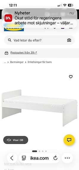 IKEA barnsäng enkelsäng 90x200 vit