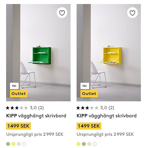 2 väggskrivbord – ett gult och ett grönt – i oöppnade förpackningar