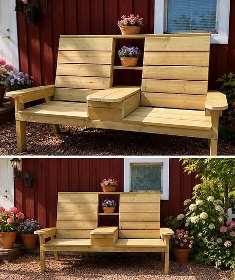 Träbänk med mittbord och blomhylla utomhus
