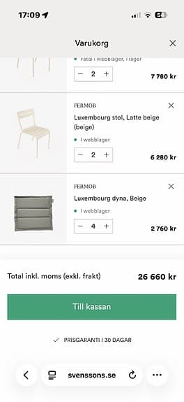 Fermob Luxembourg utegrupp med bord, karmstolar, stolar och dynor