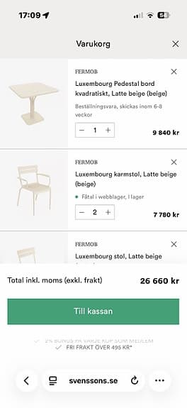 Fermob Luxembourg utegrupp med bord, karmstolar, stolar och dynor