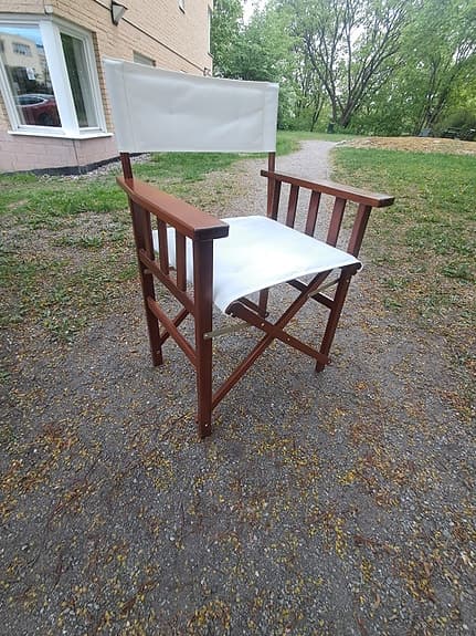 Vintage, Retro, Hopfällbar regissörsstol i Teak med vit sits och ryggstöd