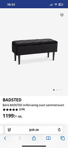 Jysk BADSTED bänk med förvaring svart sammet