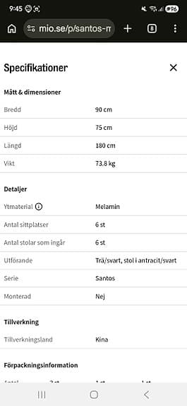 Matgrupp med 6 stolar Santos