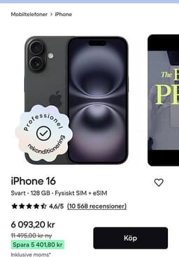 Apple iPhone 16 smartphone 128 GB svart