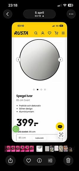 Rusta Ivar rund spegel 85 cm svart