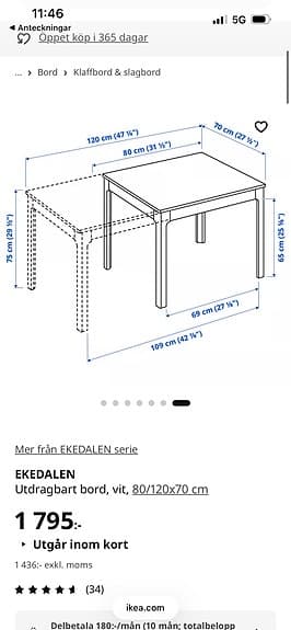 Vitt utdragbart matbord