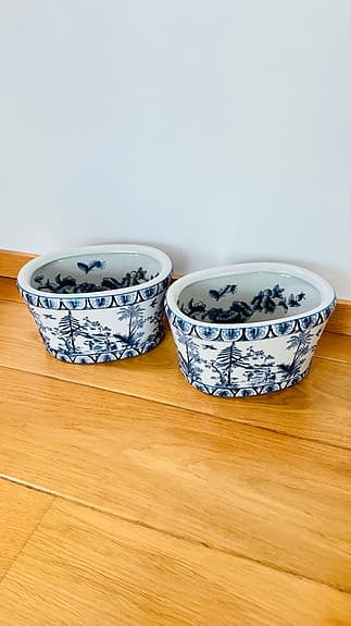 2 st blåvita ovala kinesiska krukor - jardinär - kruka