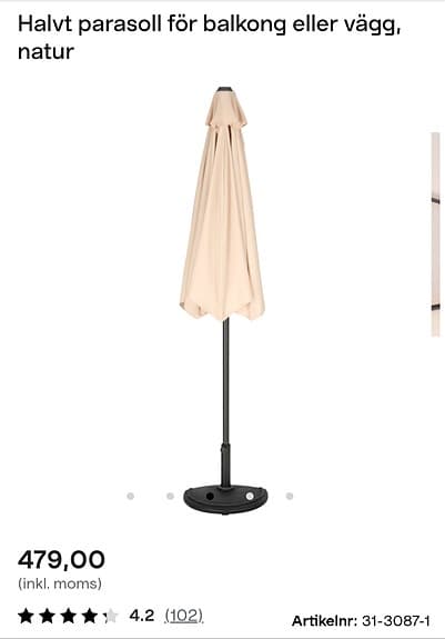 Halvt parasoll 1,25 x 2,5 m beige