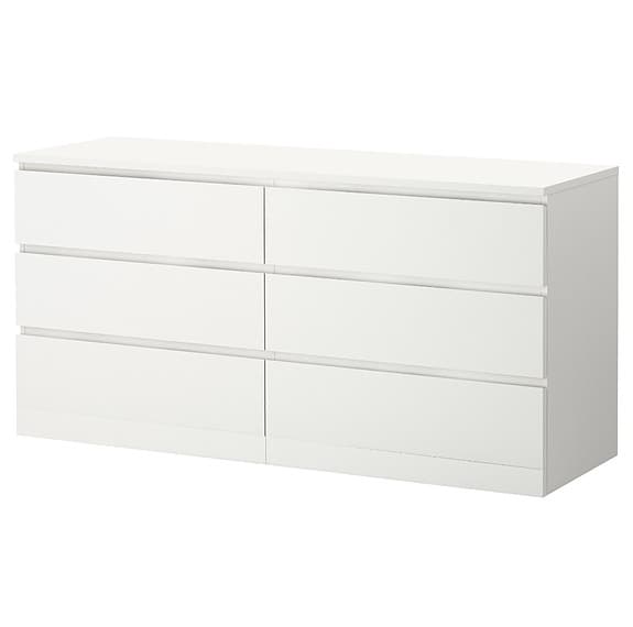 Malm byrå med 6 lådor + glasskiva