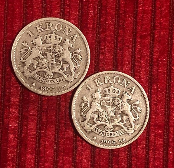 2 st 1 krona silvermynt Oscar II Sverige