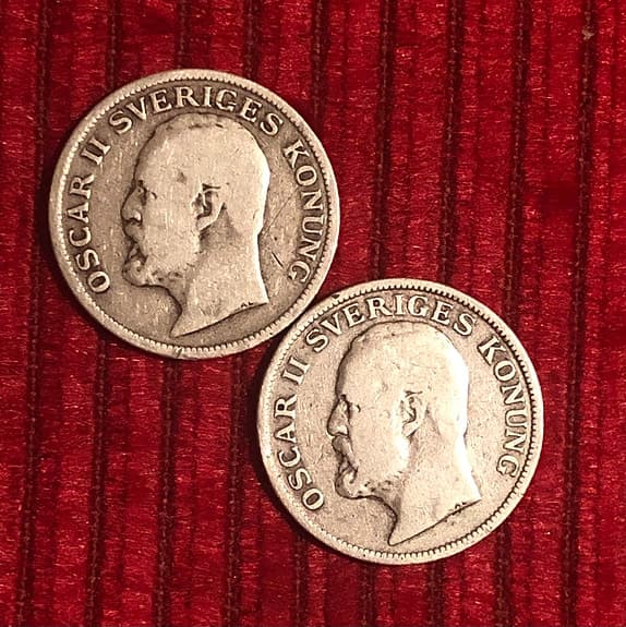 2 st 1 krona silvermynt Oscar II Sverige