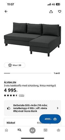 Helt nytt 3sits Bäddsoffa Älvdalen IKEA med schäslong knisa gråbeige