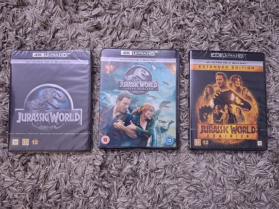 Nya 4K UHD + Bluray Filmer Jurassic World Triologin Inplastade