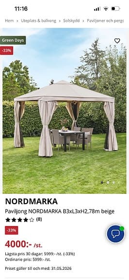 Nordmarka paviljong beige med sidogardiner