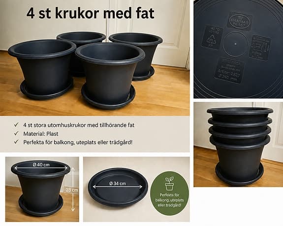 4 st stora krukor 40 cm med fat