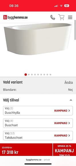 Svedbergs Lule Lucite fristående badkar 1580 mm vitt