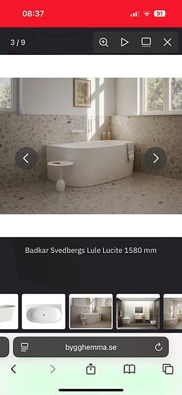 Svedbergs Lule Lucite fristående badkar 1580 mm vitt